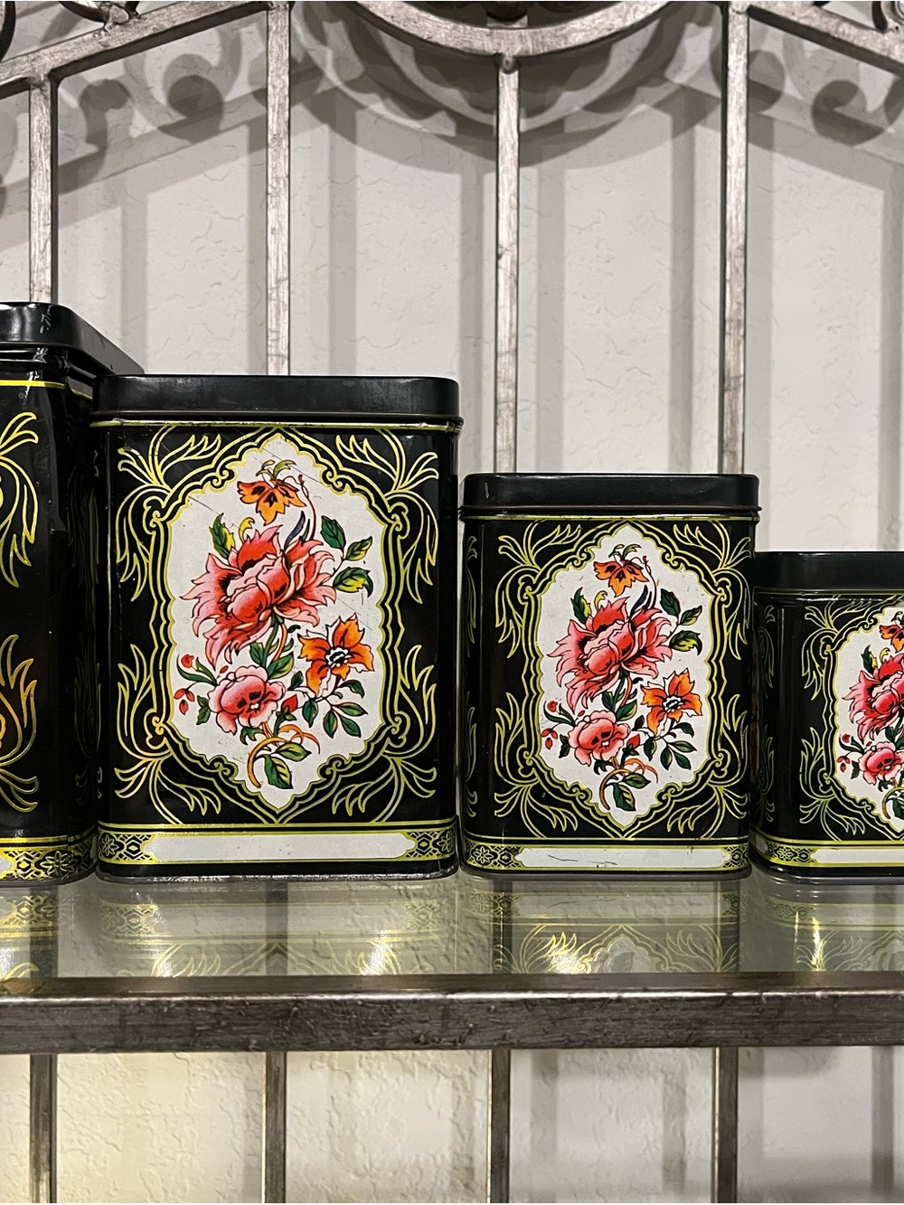 Black Floral Decorative Storage Tin Set by